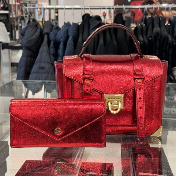 Michael Kors Manhattan Medium Satchel Shoulder Crossbody Bag + Wallet Crimson - Picture 1 of 11